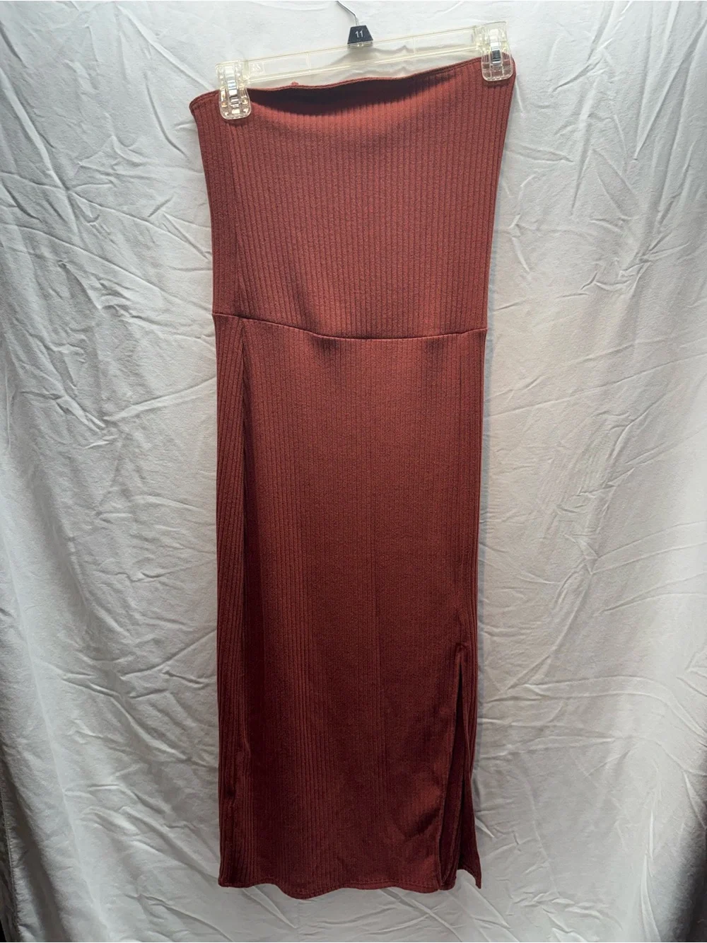Abercrombie & Fitch Ribbed Strapless Maxi Dress Rust Burgundy Size M Side Slit